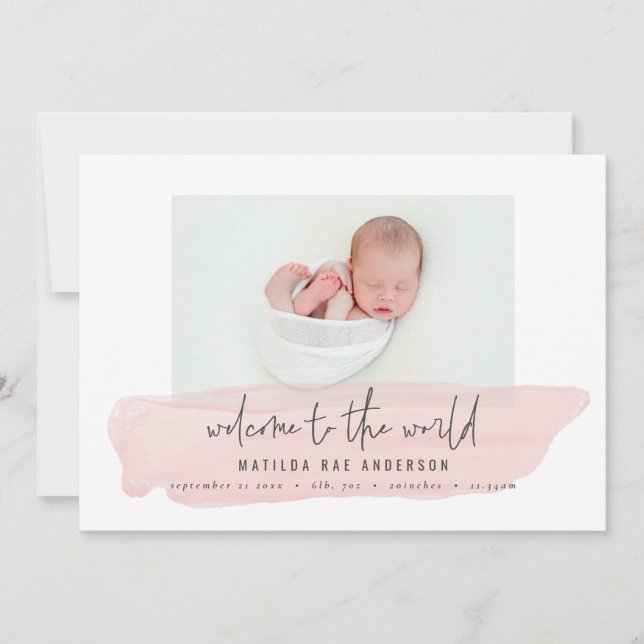Willkommen in der Welt pink Aquarellbaby Ankündigung (Vorderseite)
