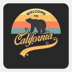 Willkommen in Kalifornien Retro Sunset Bear USA Tr Quadratischer Aufkleber