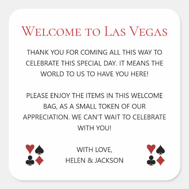 Willkommen in Las Vegas Wedding Willkommensgeschen Quadratischer Aufkleber (Vorderseite)