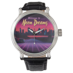 Willkommen in Neon Dreams - Retro Wave Cityscape Armbanduhr