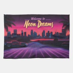 Willkommen in Neon Dreams - Retro Wave Cityscape Geschirrtuch