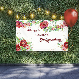 Willkommen in Quinceanera Rote Rose Floral Garland Banner