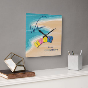 Willkommen in unserem Altersheim im Strand-Thema Quadratische Wanduhr
