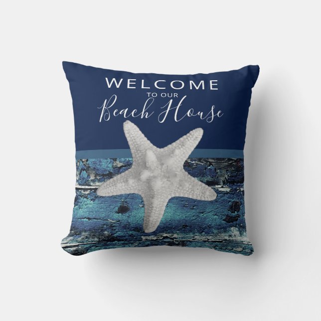  Willkommen in unserem Beach House Rustic Nautical Kissen (Vorderseite)