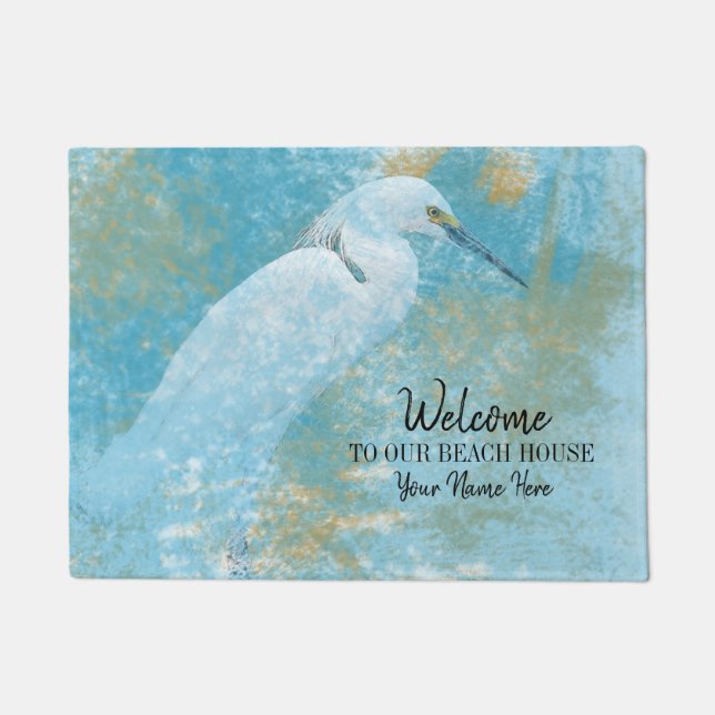 Willkommen in unserem Beach House Snowy Egret Cust Fußmatte (Vorderseite)