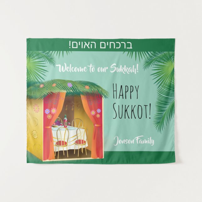 Willkommen in unserem Sukka! Sukkot Festival Party Wandteppich (Vorderseite (Horizontal))