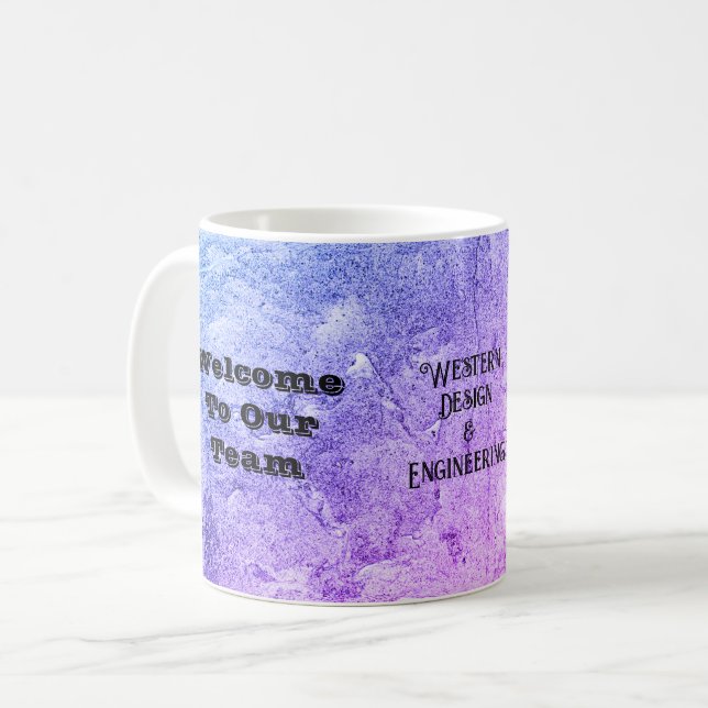 Willkommen in unserem Team Marbled Blue Pink Offic Kaffeetasse (Vorderseite Links)