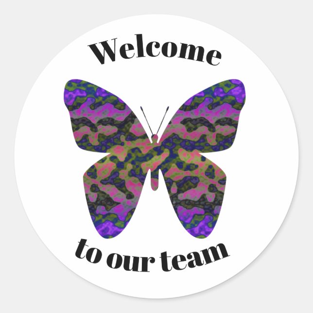 Willkommen in unserem Team Vibrant Butterfly Neue  Runder Aufkleber (Vorderseite)