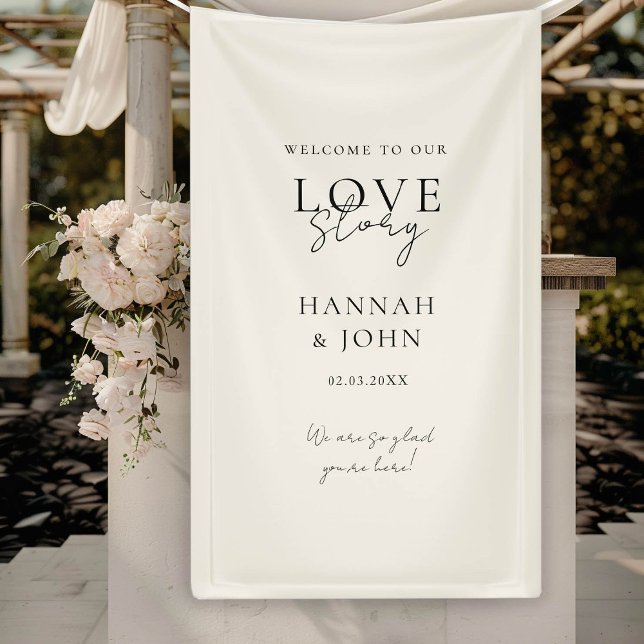 Willkommen in unserer Liebe-Story! Elegant, modern Banner (Welcome to our Love-Story! Elegant, Modern, Handwriting, Wedding Banner with your Name & Date.)
