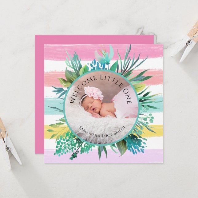 Willkommen Kleines Mädchen Pink Stripe Birth Karte (Vorderseite/Rückseite Beispiel)