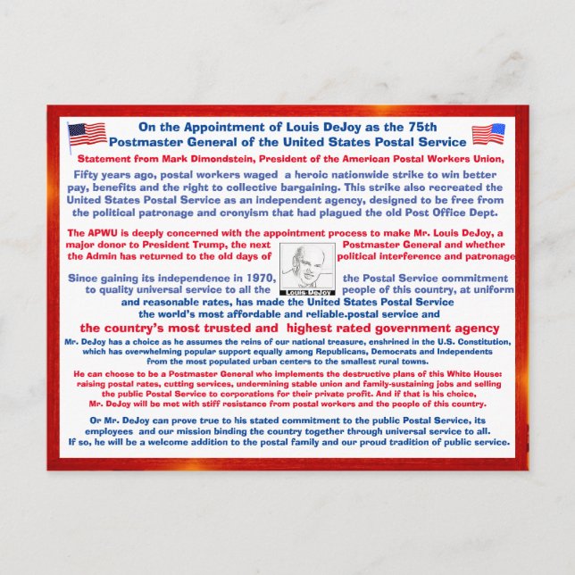 Willkommen Louis DeJoy beim USPS#108 Postkarte (Vorderseite)
