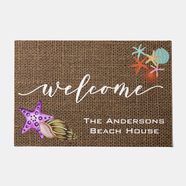 Willkommen Mat Beach House Burlap Personalisiert Fußmatte (Vorderseite)