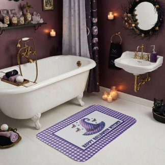 Willkommen mit lila Gingham-Halloween-Hexenhut Badematte