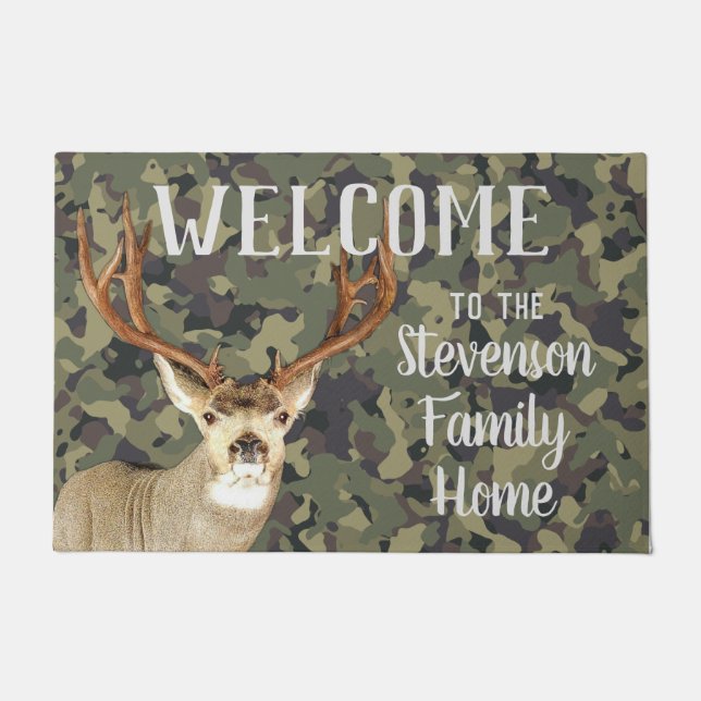 Willkommen Mule Deer Jagd Buck Antlers Camouflage Fußmatte (Vorderseite)