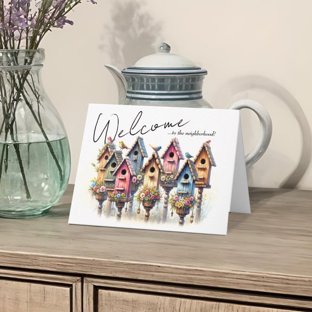 Willkommen Nachbarn Charming Rustic Birdhouse Past Karte (Charming birdhouse neighborhood welcome new neighbors greeting card in Spring pastel watercolor)