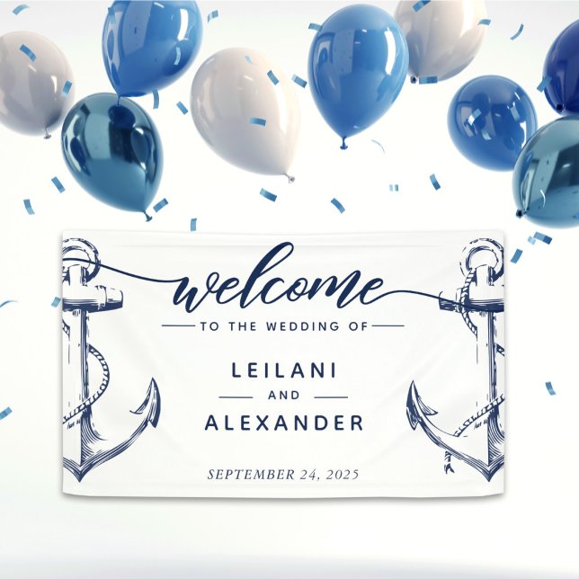 Willkommen Nautical Anchor Hochzeit White Banner (Nautical welcome wedding banner perfect for the ocean lover bride and groom. )