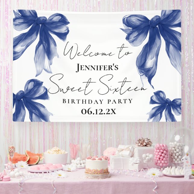 Willkommen Navy Blue Bow Coquette Script Sweet 16  Banner (Party)