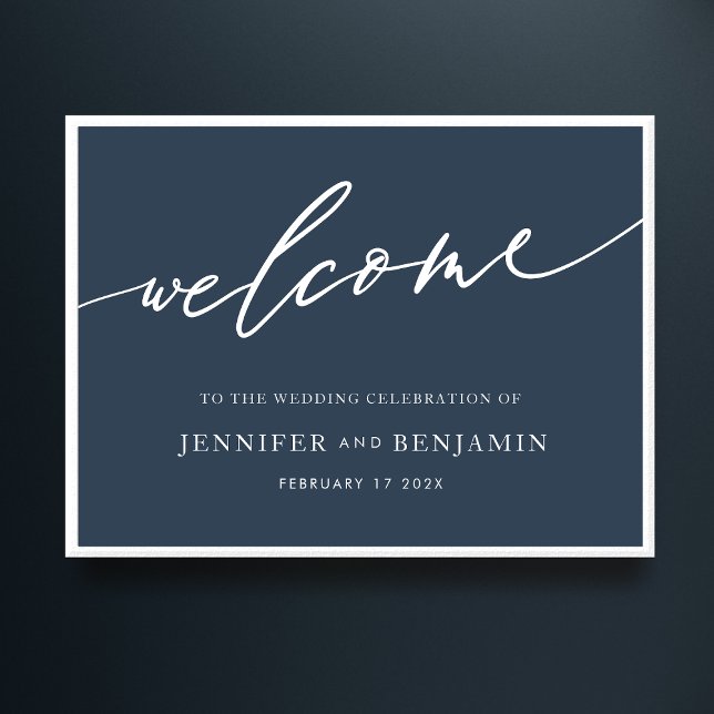 willkommen | Navy Blue Calligraphy Simple Wedding Poster (Von Creator hochgeladen)