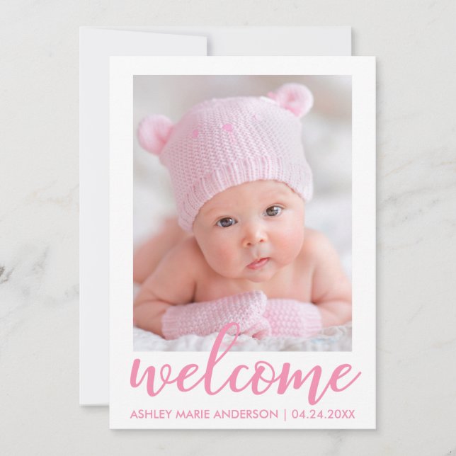 Willkommen Neue Baby Moderne Ankündigung Pink Scri (Vorderseite)