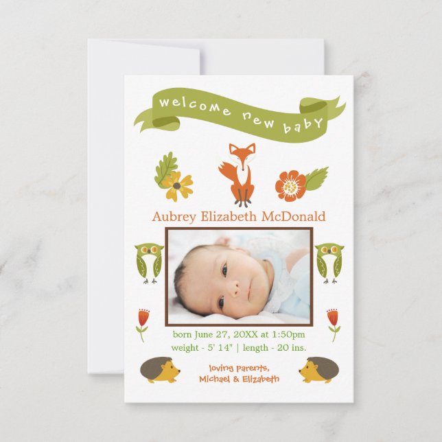 Willkommen Neue Baby Woodland - 3x5 Geburtserkläru Ankündigung (Vorderseite)
