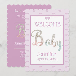 Willkommen neues Baby mit Namen, Lila Ankündigung