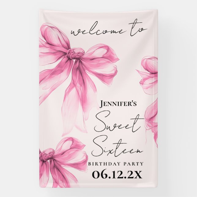 Willkommen Pink Bow Coquette Script Sweet 16 Blush Banner (Vertikal)