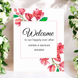 Willkommen Pink Weiße Florale Hochzeitsschild Plak Poster