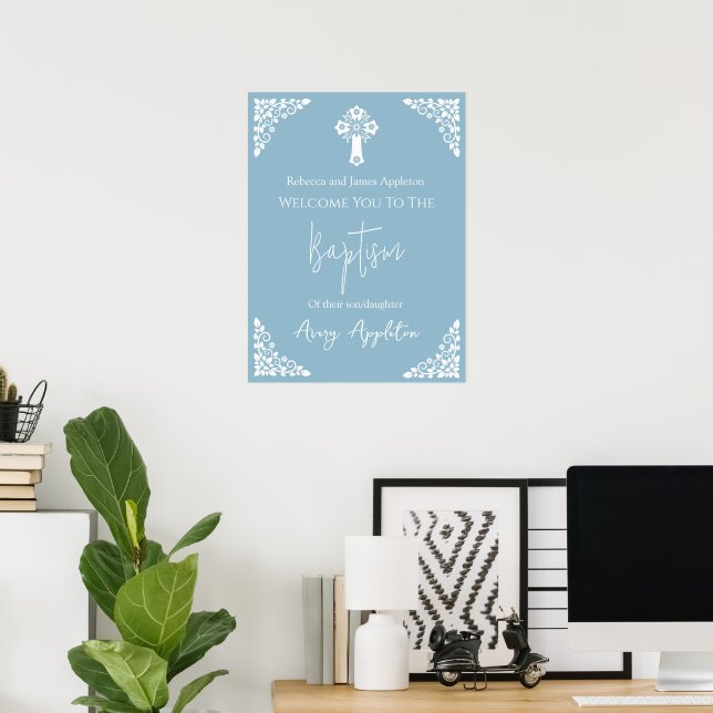 Willkommen Poster Floral Cross Christening Sky Blu (Heimbüro)