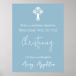 Willkommen Poster Floral Cross Christening Sky Blu