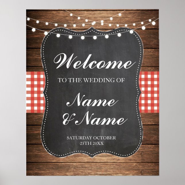 Willkommen Poster Red Karo Sign Wedding Wood Poste (Vorne)
