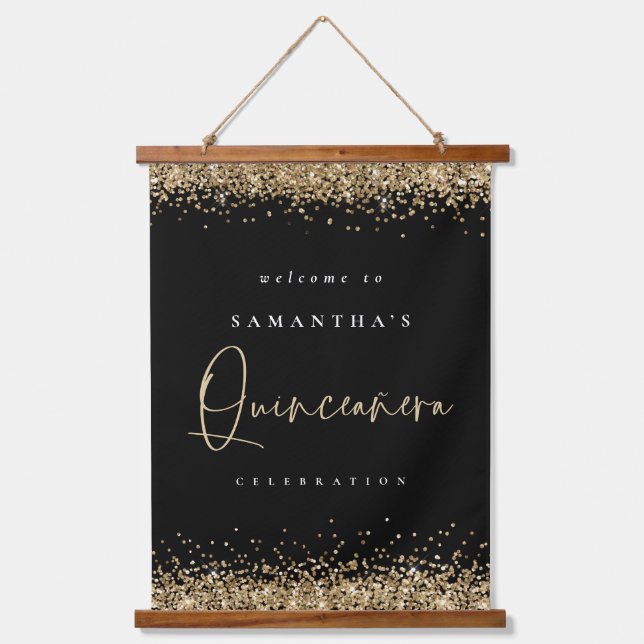 Willkommen Quinceanera Gold Glitzer Name Black Wandteppich Mit Holzrahmen (Vorderseite)