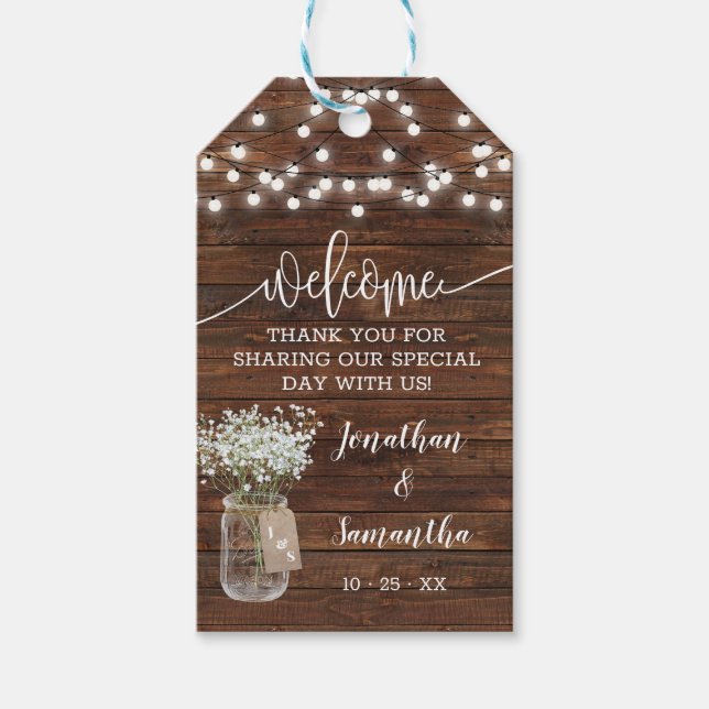 Willkommen rustikale Gastgeschenk Hochzeit Geschenkanhänger (Vorderseite)