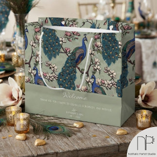 Willkommen Sage Green Floral Pfauen Große Geschenktüte