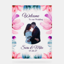 Willkommen Schild für Hochzeit mit rosa und blauen