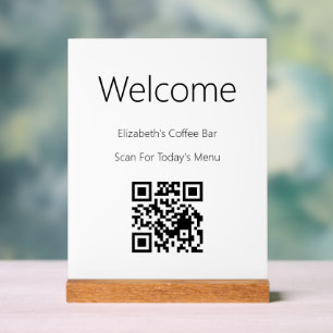 Willkommen Schwarz-weißer Scan-QR-Code für Menüvor Acrylschild