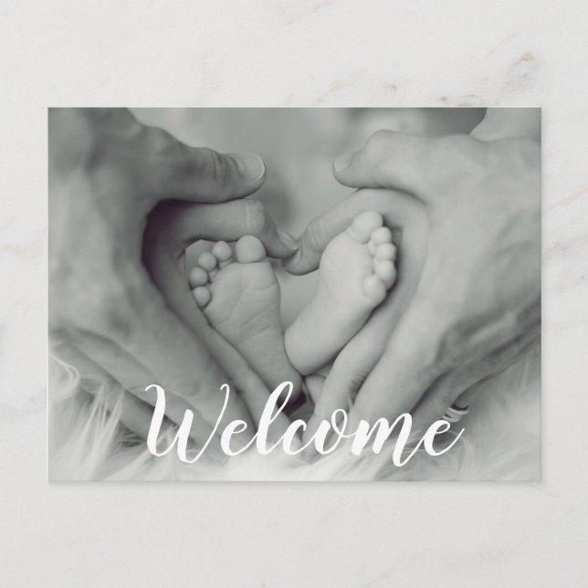 Willkommen Script Overlay Foto Baby Neuborn Birth Ankündigungspostkarte (Vorderseite)