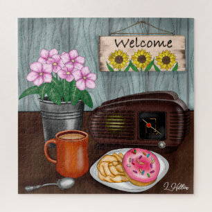 Willkommen, Sonnenblumen, Donuts und Kaffee