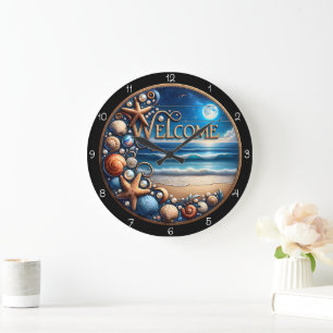 Willkommen Strand Muschel  Große Wanduhr