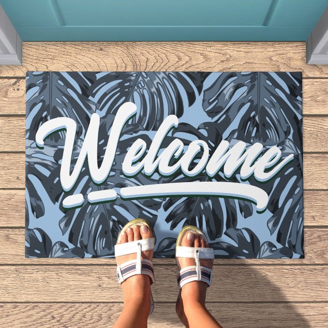 Willkommen Tropical Boho Blue Jungle Leaves Fußmatte (Welcome doormat with blue palm leaves)