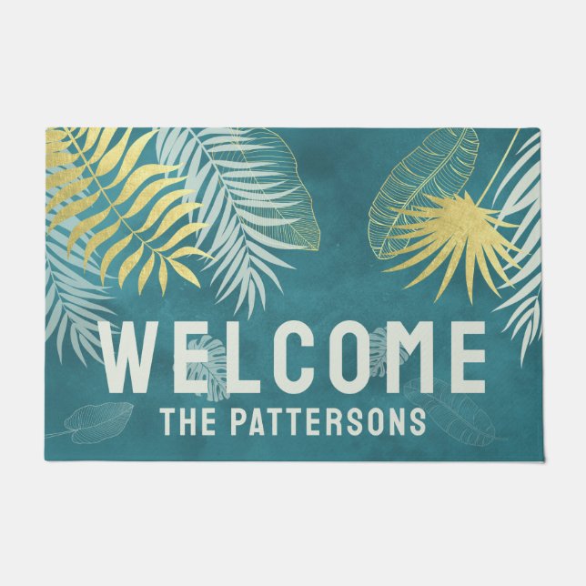 Willkommen Tropical Golden Palm Familienname Fußmatte (Vorderseite)