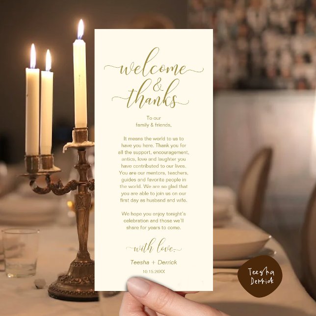 Willkommen und Dank für die Platzierungskarte Programm (Modern Wedding Dinner Brunch Lunch Table Place Setting Thank You Card in Classy Yellow Gold)