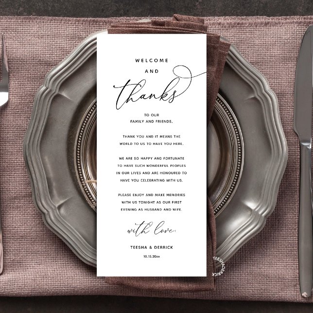 "Willkommen und Danke" Elegante Empfangs-Gästekart Programm (Elegant Modern Wedding Reception "Welcome and Thanks" Table Card for Guest in Black White)