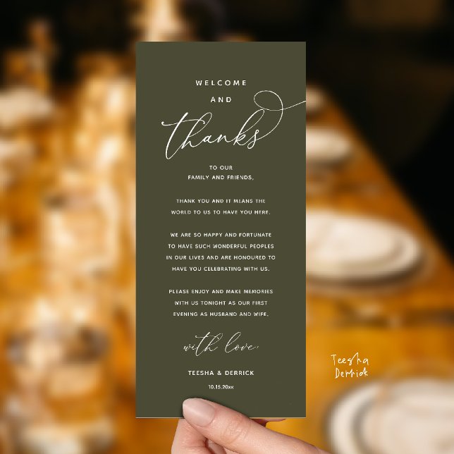 "Willkommen und Danke" Elegante Empfangs-Gästekart Programm (Modern Elegant Wedding Reception "Welcome and Thanks" Table Card for Guest in Olive Green)