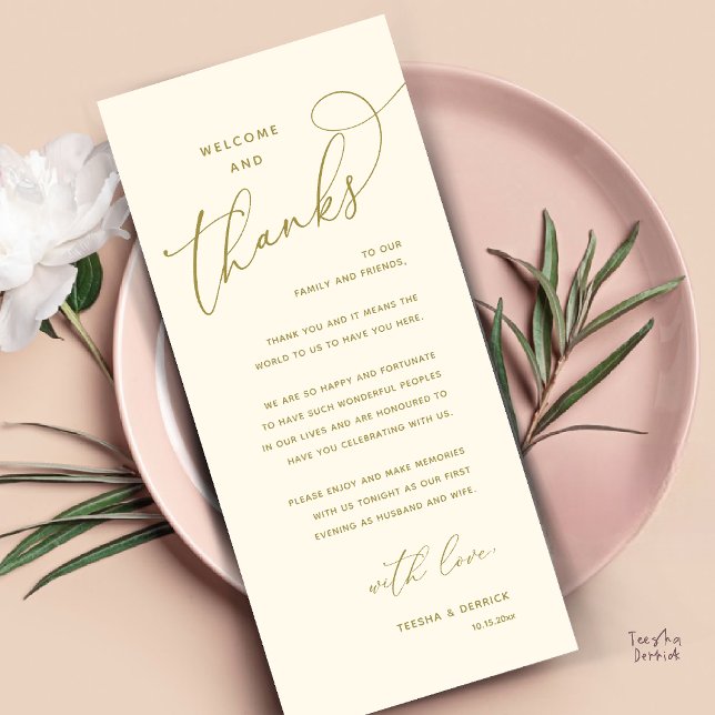 Willkommen und Danke, Hochzeitsdinner Dankeskarten Programm (Welcome and Thanks, Happily Ever After Modern Wedding Dinner Thank You Card in Classy Yellow Gold)