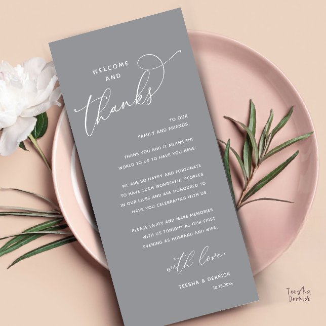 Willkommen und Danke, Hochzeitsdinner Dankeskarten Programm (Welcome and Thanks, Happily Ever After Modern Wedding Dinner Thank You Card in Classy Dark Grey)