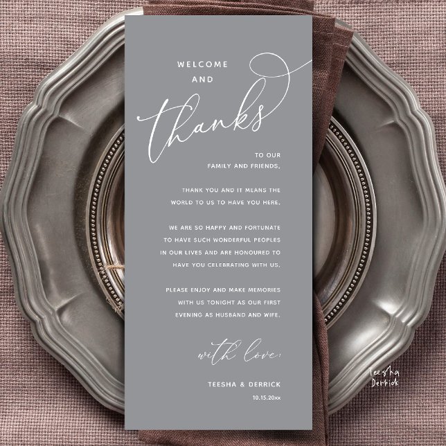 Willkommen und Danke, Hochzeitsdinner Dankeskarten Programm (Welcome and Thanks, Happily Ever After Modern Wedding Dinner Thank You Card in Classy Dark Grey)