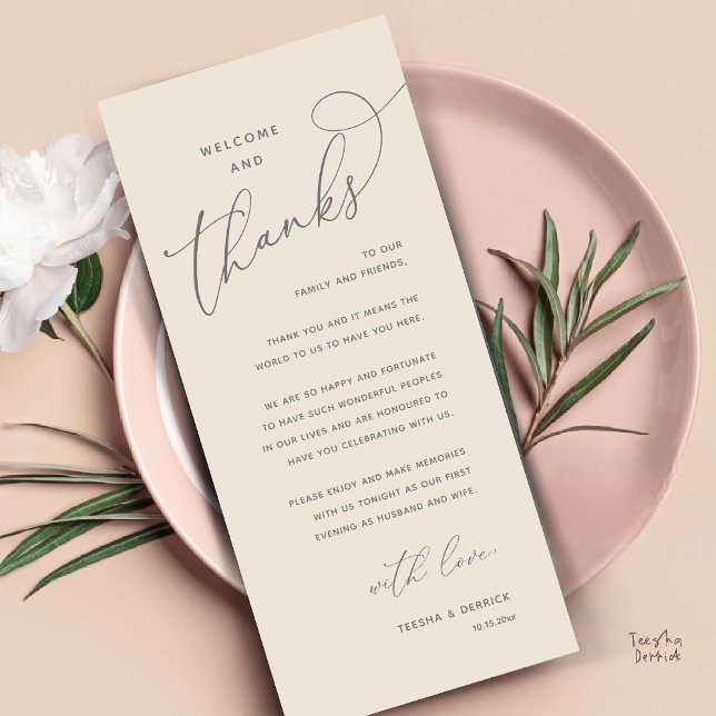 Willkommen und Danke, Hochzeitsdinner Dankeskarten Programm (Welcome and Thanks, Happily Ever After Modern Wedding Dinner Thank You Card in Classy Cream Grey)