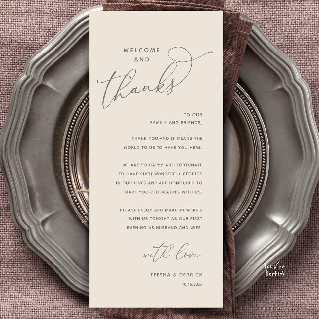 Willkommen und Danke, Hochzeitsdinner Dankeskarten Programm (Welcome and Thanks, Happily Ever After Modern Wedding Dinner Thank You Card in Classy Cream Grey)
