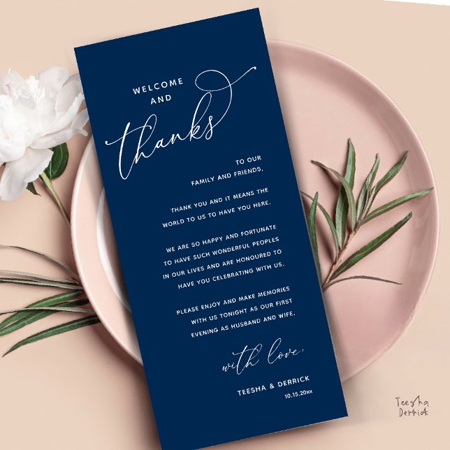Willkommen und Danke, Hochzeitsdinner Dankeskarten Programm (Welcome and Thanks, Happily Ever After Modern Wedding Dinner Thank You Card in Classy Navy Blue)
