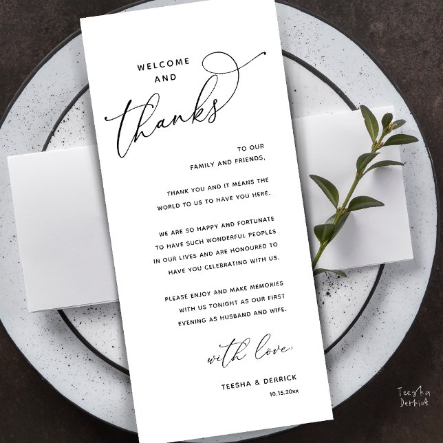 Willkommen und Danke, Hochzeitsdinner Dankeskarten Programm (Welcome and Thanks, Wedding Dinner Thank You Card in Black and white)